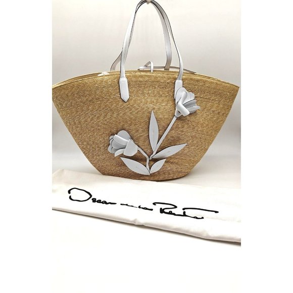 OSCAR DE LA RENTA tulip raffia large tote + Dust bag --NATURAL/WHITE - Picture 2 of 13